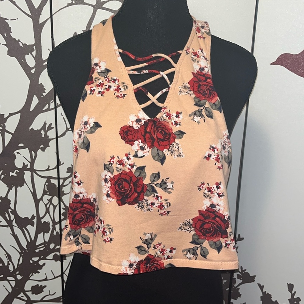 Urban Planet Peach/Red/White Floral Crisscross Low Back Strapless Crop Top $20